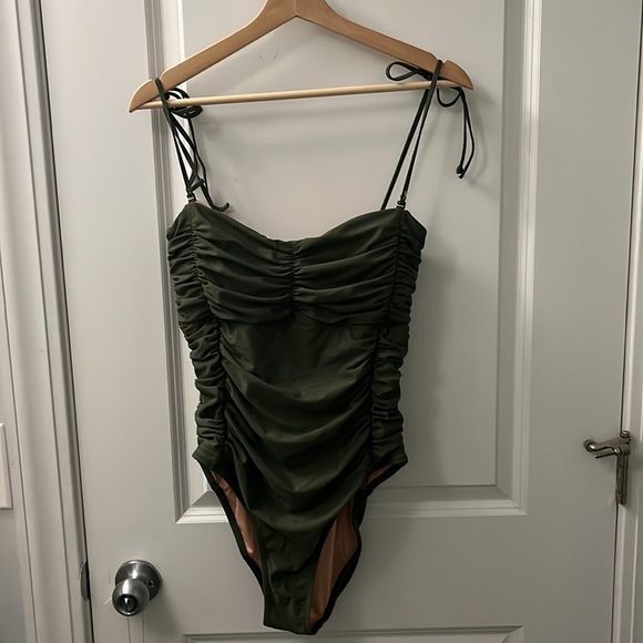 J Crew green bandeau tie one piece bathing suit 12 preppy swimsuit ruched - Picture 2 of 4